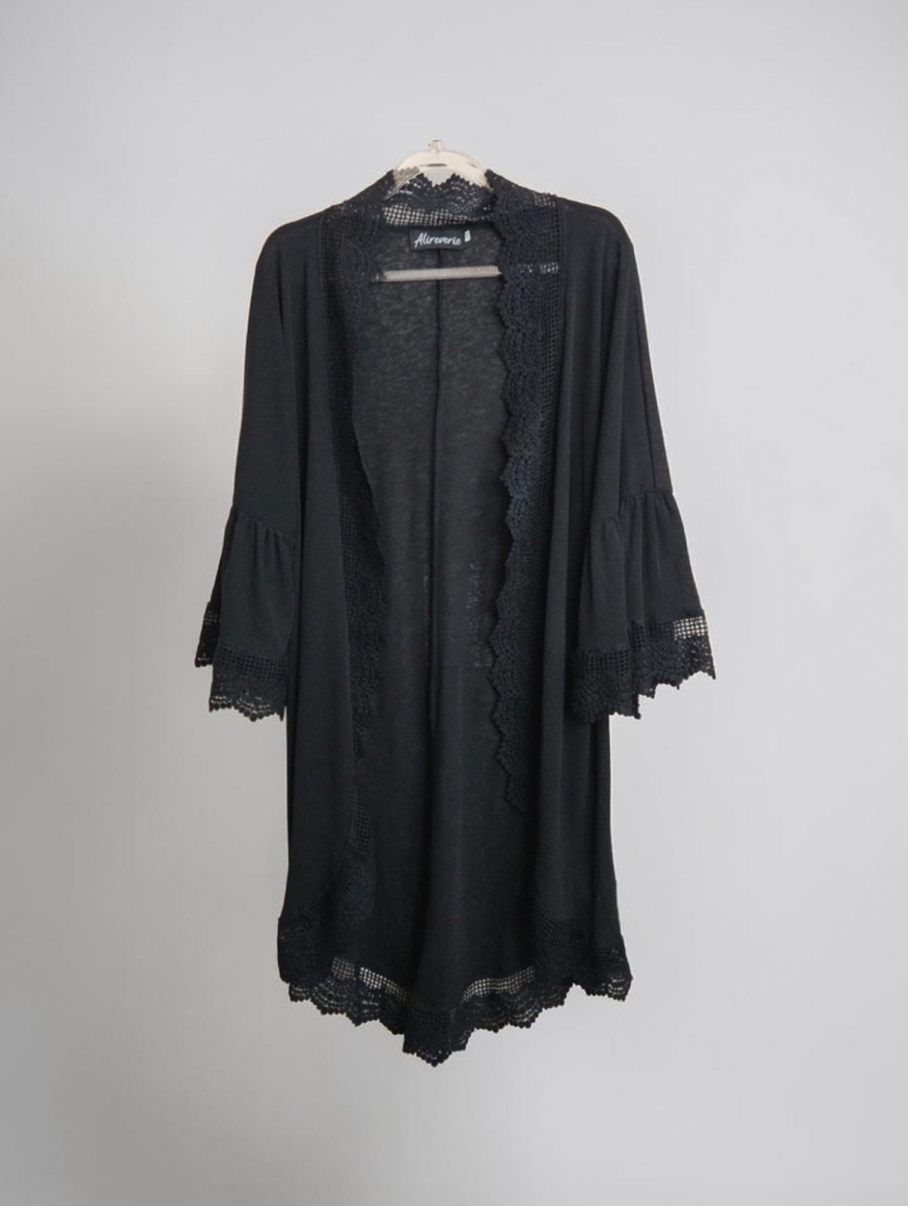 Alireverie Black Crochet Lace Trim Open Kimono Cardigan Size Med Bell Sleeve